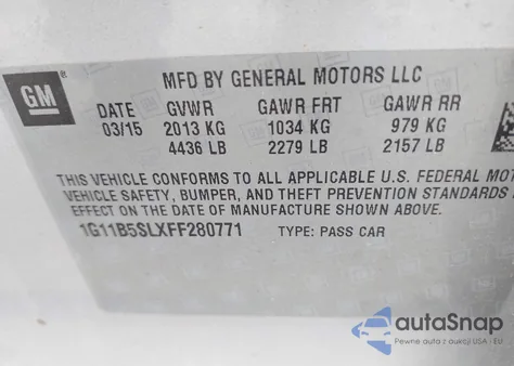 2015 Chevrolet Malibu Ls z USA, uszkodzony, nr VIN 1G11B5SLXFF280771